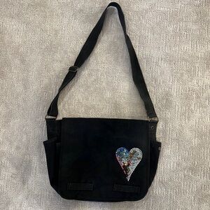 Black cross body messenger bag with rhinestone heart